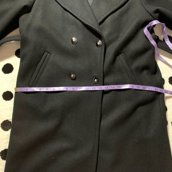 Vintage 90s Double Breasted Belted Long Maxi Overcoat Black Wool Trench Coat - Picture 14 of 16